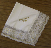 Ladies Hanky White & Off White with embroidery and fringe - Thomas Creative Apparel
