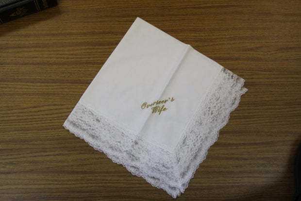 Ladies Hanky White & Off White with embroidery and fringe - Thomas Creative Apparel